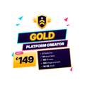 Digital promotional graphic for a gold platform creator offering 149€, featuring a gold shield icon, 'GOLD PLATFORM CREATOR' text, and a list of included features such as 2 platforms, 50 short links, 150 AI uses, 100 image prompts, and 50 GB cloud storage.