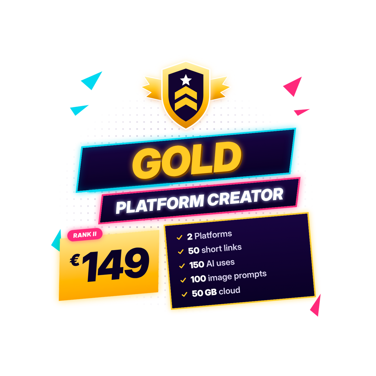 Digital promotional graphic for a gold platform creator offering 149€, featuring a gold shield icon, 'GOLD PLATFORM CREATOR' text, and a list of included features such as 2 platforms, 50 short links, 150 AI uses, 100 image prompts, and 50 GB cloud storage.