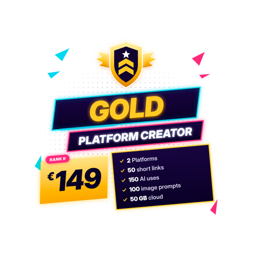 Digital promotional graphic for a gold platform creator offering 149€, featuring a gold shield icon, 'GOLD PLATFORM CREATOR' text, and a list of included features such as 2 platforms, 50 short links, 150 AI uses, 100 image prompts, and 50 GB cloud storage.